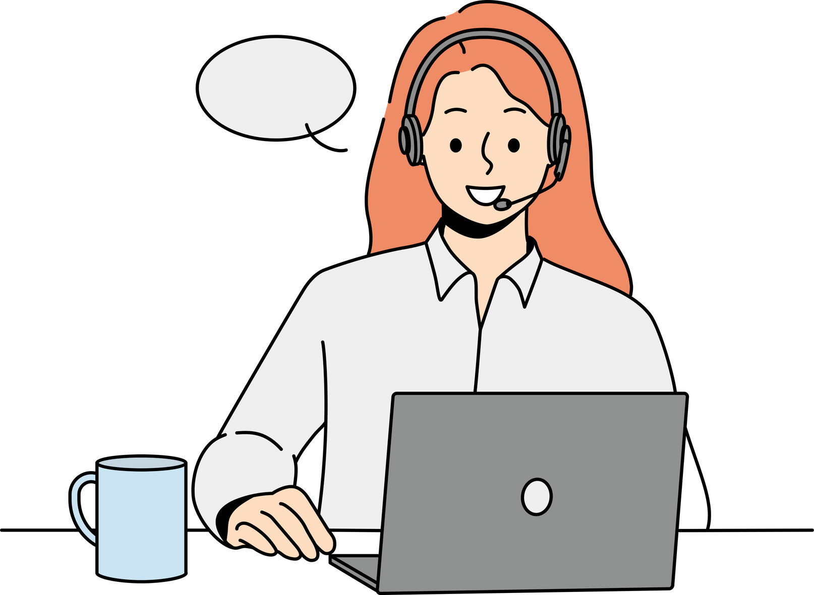 Smiling woman in headset talk on laptop