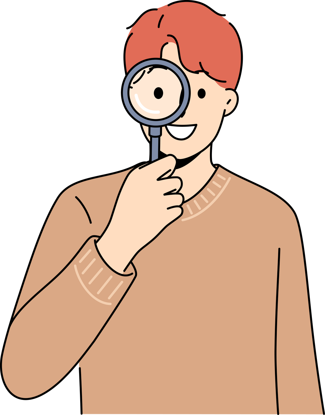 Smiling man with magnifying glass search for information